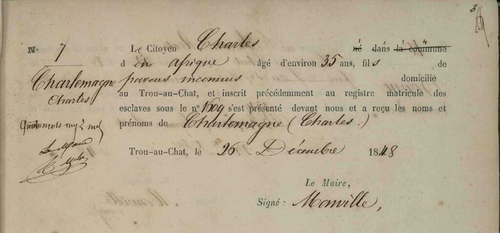 Acte d'individualité d'un Nouveau Libre né en Afrique de parents inconnus, devenu citoyen français en 1848 en Martinique