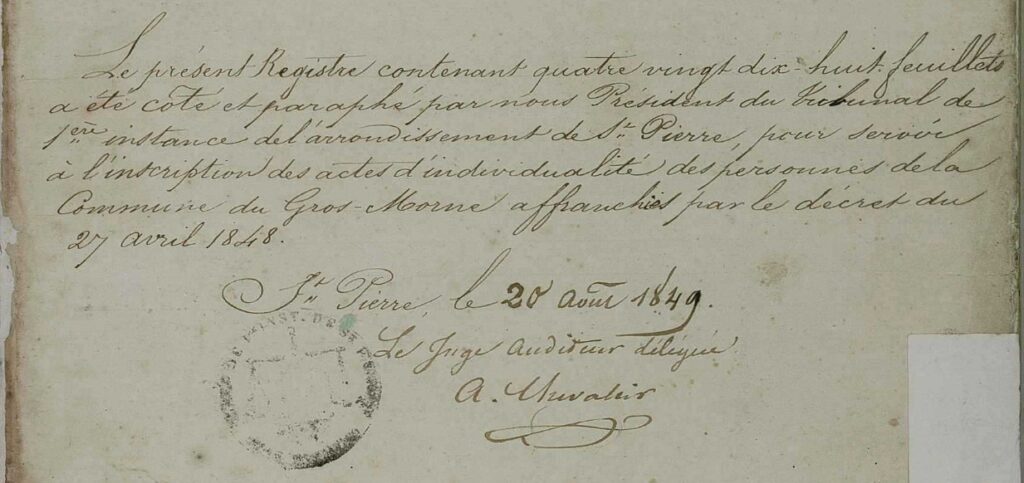 Registre des Actes d'individualité des Nouveaux Libres, commune du Gros Morne, Martinique, 1848