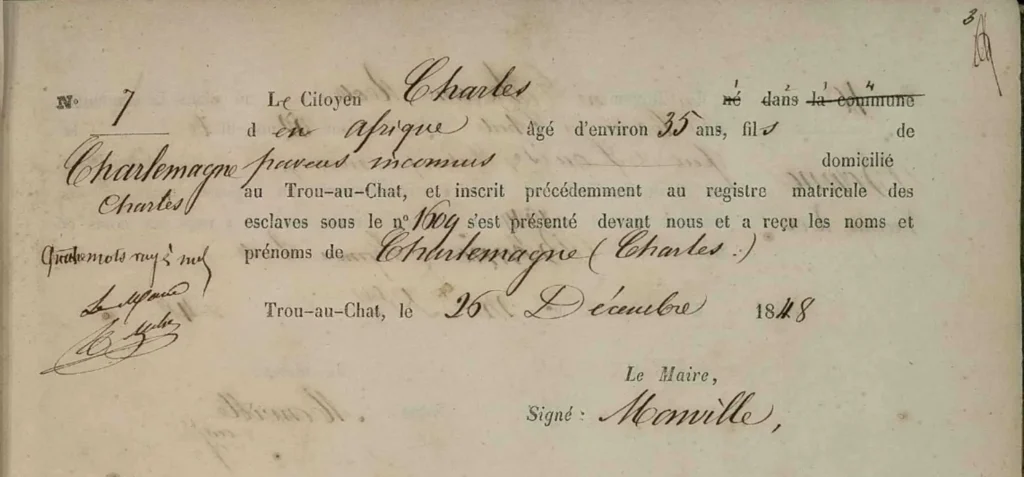 Acte d'individualité d'un Nouveau Libre né en Afrique, Martinique 1848