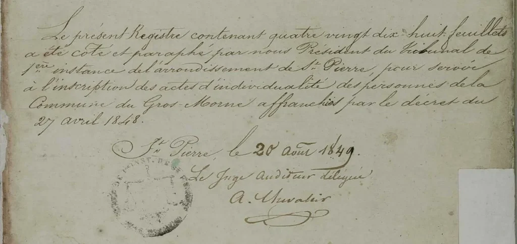 Registre des actes d'individualité, Gros-Morne, Martinique, 1848